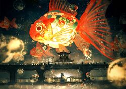  1girl ahoge ahoge_girl_(jimini_shijimi) animal back_bow blunt_bangs boat bow bridge commentary_request fantasy fish floating_water_bubble from_behind ghost goldfish highres japanese_clothes jimini_shijimi kimono looking_to_the_side low_twintails on_boat open_mouth original oversized_animal river short_eyebrows short_twintails sidelocks sitting smile solo twintails water watercraft 