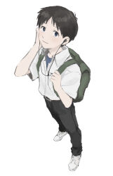  1boy backpack bag black_hair black_pants blue_eyes blue_shirt closed_mouth commentary_request dress_shirt earphones full_body highres ikari_shinji male_focus nagisa_kaworu neon_genesis_evangelion pants school_uniform shirt shirt_tucked_in shoes short_hair simple_background solo standing t-shirt takuanoisi tokyo-3_middle_school_uniform undershirt white_background white_shirt white_shoes 