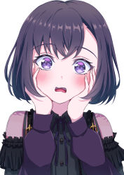  1girl absurdres bang_dream! bang_dream!_yumemita blush commentary dress fuji_miyako fuji_miyako_(real) hands_on_own_cheeks hands_on_own_face highres long_sleeves looking_at_viewer neck_ribbon open_mouth purple_dress purple_hair purple_ribbon ribbon short_hair simple_background solo suzuka_(suzukawu) upper_body violet_eyes white_background 