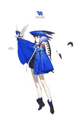  1girl absurdres bare_legs bird bird_girl black_dress blue_coat boots coat dress gloves head_wings highres linooohead non-humanoid_robot orange_eyes original pale_skin pigeon pointing robot robot_animal simple_background solo standing techwear wings 