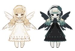  1girl angel angel_wings bare_shoulders barefoot black_bow black_bowtie black_eyes black_flower black_gloves black_headband black_rose blonde_hair bow bowtie brown_eyes collared_dress commentary_request cracked_face cracked_skin cross-laced_headwear doll_joints dress dual_persona flower frilled_dress frilled_dress_collar frills gloves gradient_hair green_hair hair_flower hair_ornament hair_ribbon head_wings headband highres joints lace lace-trimmed_dress lace_trim leaf leaf_hair_ornament multicolored_hair multiple_hair_ribbons multiple_wings naiguozi open_mouth original ribbon rose see-through_clothes smile string_of_pearls toes white_bow white_bowtie white_flower white_gloves white_hair white_headband white_rose white_wings wings 
