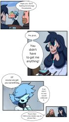  2girls alternate_costume beard blue_pearl_(steven_universe) box cake cake_slice demondionysus facial_hair father_and_child father_and_daughter food gift gift_box greg_universe highres multiple_girls nora_universe_(demondionysus) original parent_and_child plate rebecca_sugar_(style) shirt smile speech_bubble steven_universe table upper_body 