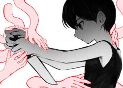  1boy black_eyes black_hair black_tank_top closed_mouth colored_skin commentary highres holding holding_knife imminent_suicide knife omori omori_(omori) short_hair simple_background sk816 solo tank_top upper_body white_background white_skin 