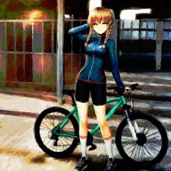  1girl amane_suzuha bicycle black_shorts blonde_hair blue_jacket braid fence full_body highres jacket kristianmaksak5 leaning leaning_on_object original outdoors painterly road science_adventure shoes shorts sneakers socks solo standing steins;gate street striped_clothes striped_socks track_jacket twin_braids twintails watermark white_socks yellow_eyes 