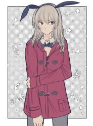  1girl animal_ear_hairband animal_ears blue_bow blue_bowtie border bow bowtie commentary_request fake_animal_ears girls_band_cry grcr_pometa1118 grey_eyes grey_hair grey_pantyhose hairband hand_on_own_arm highres jacket kawaragi_momoka long_hair long_sleeves multicolored_hair outside_border pantyhose rabbit_ears red_jacket roots_(hair) solo white_border 