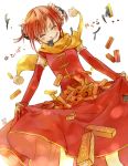  beef_jerky beef_jerky_(food) bun_cover chinese_clothes double_bun food food_in_mouth gintama highres kagura_(gintama) mouth_hold neko3 red_hair redhead scarf short_hair smile 
