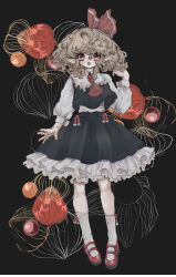  1girl absurdres ascot black_background black_skirt black_vest blonde_hair blush chinese_lantern_(plant) collared_shirt commentary_request fangs frilled_skirt frills full_body hair_ribbon hand_up highres inkopico long_sleeves looking_ahead looking_at_viewer medium_hair medium_skirt open_mouth pointy_ears red_ascot red_eyes red_ribbon red_shoes ribbon rumia shirt shoes skirt smile socks solo standing straight-on touhou vest white_shirt white_socks 
