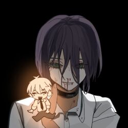  1boy 1girl black_background black_choker blood blood_from_mouth blood_on_body blood_on_clothes chainsaw_man choker collared_shirt commentary_request denji_(chainsaw_man) glowing green_eyes grenade_pin hair_between_eyes hand_up long_bangs long_hair_between_eyes meme nosebleed pale_skin purple_hair reze_(chainsaw_man) shirt simple_background twins_at_the_carousel_(meme) usako2201min variant_set white_shirt 