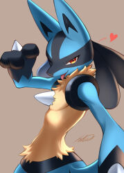  1other :p animal_ears blue_fur brown_background brown_fur furry highres jackal_ears looking_at_viewer lucario multicolored_fur netiel one_eye_closed pokemon pokemon_(creature) pokemon_focus simple_background snout solo spikes tongue tongue_out upper_body wink_heart 