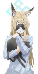  1girl animal animal_ears blonde_hair blue_archive blue_halo blush cat closed_eyes commentary_request grey_shirt halo highres holding holding_animal holding_cat kanna_(blue_archive) long_hair looking_at_viewer shirt simple_background solo straight-on su-102 upper_body white_background wolf_ears wolf_girl 