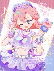  1girl :d ;d aimu_(aipri) bracelet braid breasts commentary crop_top cropped_jacket dated detached_sleeves eyewear_on_head fingerless_gloves flipped_hair frilled_sailor_collar frilled_shirt frilled_skirt frills gloves happy_birthday haru_(haru1bc6c4) heart heart-shaped_eyewear highres himitsu_no_aipri holding holding_spoon ice_cream_cone jacket jewelry medium_hair midriff multicolored_gloves nanaura_otome navel neck_ribbon neckerchief one_eye_closed open_clothes open_jacket open_mouth pink_hair pretty_series puffy_detached_sleeves puffy_sleeves purple-framed_eyewear purple_ribbon purple_sailor_collar purple_shirt purple_skirt ribbon sailor_collar see-through_clothes see-through_jacket shirt single_braid skirt small_breasts smile solo spoon sunglasses untranslatable_commentary violet_eyes white_jacket 
