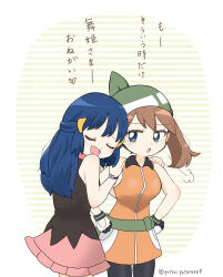  2girls bandana black_shirt blue_eyes blue_hair brown_hair closed_eyes commentary_request fanny_pack green_bandana hand_on_another's_shoulder highres hikari_(pokemon) long_hair looking_at_another may_(pokemon) multiple_girls open_mouth orange_shirt pink_skirt pokemon pokemon_(anime) pokemon_the_series:_diamond_and_pearl shirt skirt sleeveless talking xrqu2xk8qb47501 