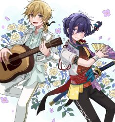  2boys :d armband belt black_armband black_pants blonde_hair blue_flower blue_petals braid braided_ponytail brown_eyes closed_mouth collared_shirt cropped_jacket egasumi ensemble_stars! feather_hair_ornament feathers feet_out_of_frame flower green_shirt guitar hair_between_eyes hair_intakes hair_ornament hair_ribbon hakaze_kaoru hand_fan highres hokahoku_oimo holding holding_fan holding_guitar holding_instrument holding_sword holding_weapon idol instrument jacket kanzaki_souma katana leaf light_blush long_hair looking_at_another low_ponytail male_focus mullet multiple_boys official_alternate_costume official_alternate_hairstyle pants petals pink_flower pink_petals playing_instrument ponytail purple_hair red_ribbon ribbon shirt short_sleeves single_sidelock smile summer_bird_(ensemble_stars!) sword twitter_username violet_eyes weapon white_belt white_flower white_jacket white_pants wisteria wrist_wrap 