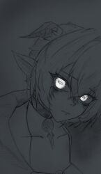  1girl absurdres animal_ears choker closed_mouth collarbone commentary_request goat_ears goat_girl goat_horns greyscale hair_between_eyes highres horns kai_artdesu key key_choker looking_at_viewer lucia_elowen monochrome pointy_ears portrait short_hair simple_background solo spot_color zenless_zone_zero 