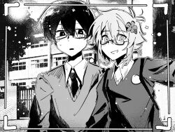  2boys alternate_costume antenna_hair basil_(faraway)_(omori) basil_(omori) bespectacled blush collared_shirt commentary double-parted_bangs english_commentary flower glasses greyscale hair_between_eyes hair_flower hair_ornament highres looking_at_another looking_at_viewer male_focus monochrome multiple_boys necktie omori open_mouth parted_lips rectangular_eyewear ring_rb0511 semi-rimless_eyewear shirt shirt_under_sweater short_hair sidelocks smile sunny_(omori) sweater under-rim_eyewear 