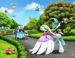  6+others arm_blade bewear black_jacket blue_dress blue_skin blue_sky bob_cut cape clothed_pokemon clouds colored_skin dress flower gallade gardevoir grass green_hair green_skin hair_flower hair_ornament hat hoppip jacket jumpluff mega_gallade mega_gardevoir mosslax multiple_others outdoors paras park pink_skin pokemon pokemon_(creature) purple_dress quaquaval red_eyes signature skiploom sky smile snorlax straw_hat thecalendork torterra tree tsareena watermark weapon white_dress white_skin 