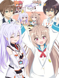  2boys 4girls :d ^^^ ^_^ absurdres afterimage ahoge anger_vein arms_up artist_request atri atri-my_dear_moments- banana_peel black_hair black_ribbon black_shirt blue_eyes blue_sailor_collar blush brown_hair chibi chibi_inset clenched_hands closed_eyes closed_mouth collared_shirt cooking cowboy_shot crossover crying detached_sleeves doyagao dress dress_shirt eyes_visible_through_hair floating_hair flying food frying_pan green_eyes hair_between_eyes hair_ribbon hand_up highres holding holding_frying_pan id_card ikaruga_natsuki isla_(plastic_memories) jitome kamishiro_minamo kinushima_michiru long_hair long_sleeves looking_at_viewer mizugaki_tsukasa multiple_boys multiple_girls neckerchief notice_lines open_mouth orange_hair pancake plastic_memories ponytail red_eyes red_hair red_neckerchief ribbon sailor_collar sailor_dress shirt short_hair sidelocks simple_background skirt sleeveless sleeveless_shirt smile smirk smug sparkle split_mouth straight_hair teeth trait_connection tsurime two_side_up upper_body upper_teeth_only v-shaped_eyebrows very_long_hair whistle whistle_around_neck white_background white_dress white_hair white_shirt white_skirt wide-eyed wide_sleeves 