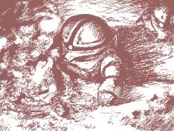  acguy army battle bunker commentary_request destruction earth_federation fire gundam lowres mecha mecha_focus mobile_suit mobile_suit_gundam monochrome no_humans nyaou one-eyed_mecha river robot scene_reference science_fiction sepia sketch smoke water zeon 