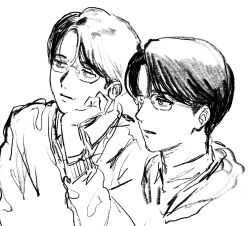  2boys character_request closed_mouth dress_shirt from_side glasses greyscale hand_on_own_chin highres karaoke_iko! looking_ahead male_focus monochrome multiple_boys nose_pads oka_satomi shirt short_hair simple_background sweater takuanoisi white_background 