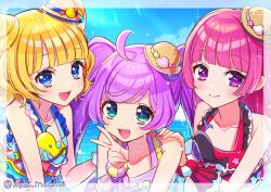  3girls :d ahoge aqua_eyes bikini blonde_hair blue_bikini blue_eyes bracelet commentary_request cone_hair_bun double_bun flat_chest frilled_bikini frills hair_bun hand_on_another's_shoulder hat highres hojo_sophy jewelry long_hair looking_at_viewer machiko_(milk_maciko) manaka_laala medium_hair minami_mirei mini_hat multiple_girls open_mouth pink_hair pretty_series pripara purple_bikini purple_hair red_bikini smile sun_hat swimsuit twintails upper_body v violet_eyes 