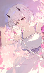 1girl absurdres bare_arms bare_shoulders bilibalakonglijiwa black_horns blue_archive chinese_commentary collarbone commentary_request cowboy_shot dress flower grin hat highres horns looking_at_viewer open_mouth sena_(blue_archive) sena_(casual)_(blue_archive) short_hair smile solo sun_hat violet_eyes white_dress white_hair white_hat 