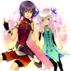  1boy 1girl armor bare_shoulders belt black_gloves breasts brown_belt closed_mouth commentary_request dress elbow_gloves fingerless_gloves gloves green_dress hair_between_eyes hair_tubes hand_up long_hair looking_at_another looking_at_viewer mizuchaya_youkan mystic_(sekaiju) mystic_2_(sekaiju) official_alternate_color open_mouth purple_hair sekaiju_no_meikyuu sekaiju_no_meikyuu_4 short_hair sitting smile swordsman_(sekaiju_4) swordsman_3_(sekaiju_4) translation_request twintails 
