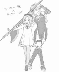 2girls boots command_spell commentary dress fate_(series) girls_band_cry girls_band_cry_rpg grcr_pometa1118 greyscale highres holding holding_weapon long_hair monochrome multiple_girls pointy_ears rupa_(girls_band_cry) short_hair simple_background thigh_strap translated weapon white_background 