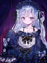  1girl bare_shoulders black_ribbon blue_dress blue_hairband bow bumo crescent crescent_necklace dress dress_bow frilled_dress frilled_hairband frilled_sleeves frills gothic_lolita hair_ribbon hairband highres jewelry lolita_fashion lolita_hairband long_hair long_sleeves looking_at_viewer mahou_shoujo_no_majo_saiban natsume_an-an necklace off-shoulder_dress off_shoulder open_mouth polka_dot polka_dot_bow purple_background ribbon sleeve_bow sleeves_past_fingers sleeves_past_wrists solo upper_body violet_eyes white_hair wide_sleeves 