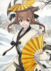  1girl :d absurdres animal_ears arm_up bare_tree blush braid brown_eyes brown_hair cat_ears commentary_request commission day eyebrows_hidden_by_hair final_fantasy final_fantasy_xiv folding_fan fur-trimmed_sleeves fur_trim gloves hand_fan hide_(hideout) highres holding holding_fan japanese_clothes kimono long_hair long_sleeves low_twintails miqo'te outdoors skeb_commission smile snow snowing solo tree twin_braids twintails v-shaped_eyebrows white_gloves white_kimono 