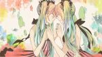  bare_back bare_shoulders clone closed_eyes dress dual_persona eyes_closed forehead-to-forehead forehead_to_forehead hatsune_miku highres long_hair multicolored_hair multiple_persona nail_polish symmetrical_hand_pose twintails very_long_hair vocaloid 