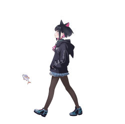  1girl animal_ears black_choker black_hair black_jacket black_pantyhose blue_archive blue_shoes blunt_bangs blush cat_ears choker colored_inner_hair commentary commission drawstring dro_(eveveb_414) fish from_side full_body green_sailor_collar hair_ornament hairclip hands_in_pockets highres hood hood_down hooded_jacket jacket kazusa_(blue_archive) looking_ahead medium_hair miniskirt multicolored_hair neckerchief pantyhose pink_hair pink_neckerchief pleated_skirt red_eyes sailor_collar shoes sidelocks simple_background skirt smile solo trinity_general_school_logo walking white_background white_skirt 