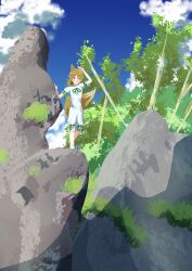  1girl absurdres animal_ears blonde_hair blue_sky clouds commentary_request day fox_ears fox_girl fox_tail full_body gasubanana green_ribbon highres kudamaki_tsukasa looking_ahead medium_hair on_rock open_mouth outdoors puffy_short_sleeves puffy_sleeves ribbon romper scenery shading_eyes short_sleeves sky smile solo standing tail touhou tree white_romper wide_shot yellow_eyes 