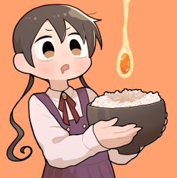  1girl blush bowl dress drooling egg_yolk food highres holding holding_bowl long_hair long_sleeves looking_at_food mouth_drool neck_ribbon orange_background original red_background ribbon rice rice_bowl school_uniform shirt simple_background sleeveless sleeveless_dress solo takurada tamagokake_gohan twintails white_shirt 