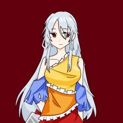  1girl arm_at_side arm_behind_back bare_shoulders blue_shawl breasts chinese_commentary closed_mouth collarbone commentary_request dot_nose dress facing_viewer frilled_dress frills grey_hair hair_over_one_eye layered_dress li_yun_nuo_0199 light_smile long_hair looking_to_the_side medium_breasts multicolored_dress orange_dress red_background red_eyes sakata_nemuno shawl simple_background single-shoulder_dress sleeveless sleeveless_dress solo straight-on touhou upper_body very_long_hair 