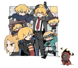  >_< 1boy 1other animal_ears animal_on_head baby_animal bear_ears bear_paws bird black_gloves black_hat black_jacket black_pants black_shoes black_shorts blade_lineage_(identity)_(project_moon) blonde_hair blue_shirt border bow chick cinq_association_south_uniform clock closed_mouth coat collared_shirt dante_(limbus_company) drunk e.g.o_(project_moon) fire frown gloves goggles goggles_on_head green_coat grey_gloves grey_pants grey_shirt hand_on_another's_cheek hand_on_another's_face hat hat_bow head_rest hex_nail_(e.g.o) highres jacket lcb_uniform_(project_moon) limbus_company limbus_kindergarten_uniform long_sleeves looking_at_viewer lsp_doublesoup multiple_views necktie object_head on_head open_mouth pants pinky_(identity)_(project_moon) project_moon red_bow red_jacket red_necktie running shirt shoes short_hair shorts shouting simple_background sinclair_(project_moon) smile speech_bubble thinking thought_bubble upper_body white_background 