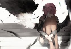  1girl absurdres black_dress black_shrug black_wings brown_thighhighs closed_eyes dress falling_feathers feathered_wings feathers hair_ornament hairclip highres hugging_own_legs light_smile medium_hair multiple_hairclips pink_hair remielle_dan remielle_dan_(moonlight_whispers) shadow short_dress shrug_(clothing) sitting sitting_on_stairs solo spotlight stairs thigh-highs thomko7 white_wings wings zenless_zone_zero 