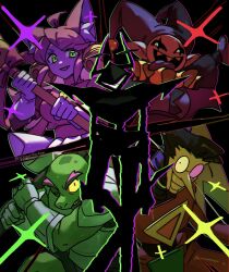  1girl 1other 3boys ahoge animal_ear_fluff animal_ears arm_up armor bald bell black_background black_hair black_sclera blush blush_stickers bow breasts cat_ears cat_girl cat_tail colored_sclera colored_skin commentary deltarune dress fangs gerson_boom gerson_boom_(hammer_of_justice) gloves gorira_(2525gorillachan) green_eyes hair_bell hair_ornament hat heart heterochromatic_eyewear highres holding holding_staff jester jester_cap jevil joints layered_skirt layered_sleeves long_sleeves looking_at_viewer mad_mew_mew medium_breasts multiple_boys no_nose one_eye_closed open_mouth pink_dress pink_hair pointy_ears pointy_nose puffy_short_sleeves puffy_sleeves purple_skin roaring_knight robot_joints sharp_teeth short_over_long_sleeves short_sleeves shoulder_armor skirt smile snout spamton_g._spamton spamton_neo sparkle staff tail teeth tinted_eyewear tongue tongue_out turtle_boy twitter_username two-tone_hat utdr_(toby_fox) v-shaped_eyebrows white_eyes white_gloves white_skin white_skirt wings yellow_sclera 