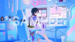  1girl asymmetrical_legwear bedroom black_choker blue_hair blue_theme chair character_doll choker commentary company_name computer computer_keyboard copyright_notice cup curtains desk disco_ball doll fishnet_pantyhose fishnets furisode_sleeves gaming_chair grey_pants indoors jacket microphone microphone_stand monitor multicolored_hair nijisanji off_shoulder official_art on_chair pants pantyhose pink_hair quilted_jacket sample_watermark short_hair sitting smtknitoha solo speaker swivel_chair tokin-chan_(yamagami_karuta) two-sided_fabric two-sided_jacket virtual_youtuber watermark white_jacket wolf_cut yamagami_karuta yamagami_karuta_(5th_costume) yamagami_karuta_(orihimeboshi) yellow_eyes 