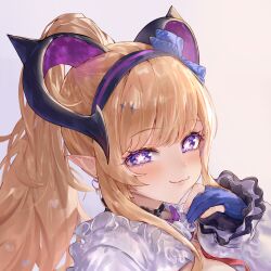  1girl absurdres arknights arknights:_endfield blonde_hair blue_gloves closed_mouth commentary_request curled_horns demon_girl demon_horns earrings gloves hairband heart heart_earrings high_ponytail highres horns jewelry liino_(arknights) long_hair long_sleeves looking_at_viewer multicolored_hairband multicolored_horns nekoplanetouo partially_fingerless_gloves pointy_ears ponytail purple_hairband purple_horns shrug_(clothing) smile solo star-shaped_pupils star_(symbol) symbol-shaped_pupils two-tone_hairband two-tone_horns violet_eyes white_shrug 