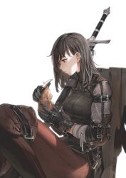  1girl against_wall arm_belt armor auyn_awinaz_(navigavi) bandaged_arm bandages belt belt_boots belt_buckle black_belt black_eyes black_gloves black_hair black_tunic boots breasts bright_pupils brown_boots brown_pants buckle carving chainmail closed_mouth commentary_request eyelashes feet_out_of_frame from_side gloves hands_up highres holding holding_knife jun_(navigavi) knee_up knife large_breasts leather leather_boots lips looking_at_object looking_down making-of_available medium_hair nose original pants profile scabbard sheath sheathed simple_background sitting sleeveless_tunic solo sword thigh_boots tunic weapon white_background white_pupils wood_carving wood_carving_knife 