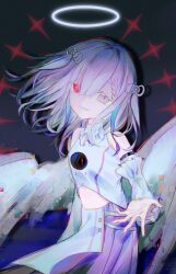  1girl angel angel_wings chinese_commentary commentary_request detached_sleeves glitch grey_eyes halo heterochromia highres isekaijoucho jiuyi9109 kamitsubaki_studio looking_at_viewer medium_hair reaching reaching_towards_viewer red_eyes skirt smile solo wading white_hair white_wings wings 