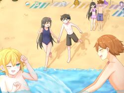  2girls 4boys aged_down antenna_hair aubrey_(faraway)_(omori) aubrey_(omori) barefoot basil_(faraway)_(omori) basil_(omori) beach bikini black_eyes black_hair black_one-piece_swimsuit black_swim_trunks blonde_hair blue_eyes blue_swim_trunks bow brother_and_sister brothers closed_eyes commentary dark-skinned_male dark_skin double-parted_bangs hair_between_eyes hair_bow hero_(faraway)_(omori) hero_(omori) highres holding_another's_wrist kel_(faraway)_(omori) kel_(omori) looking_at_another mari_(faraway)_(omori) mari_(omori) multiple_boys multiple_girls omori one-piece_swimsuit one_eye_closed pink_bow pointing purple_bikini ryo_pen17 siblings sidelocks sunny_(omori) swimsuit topless_male untranslatable_commentary 