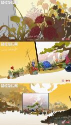  absurdres blackline55 bonsai carnivorous_plant commentary_request concept_art false_memory fang_tang_(false_memory) flower flower_pot highres kelinzhoumo laifuer leaf official_art pile_of_trash pink_flower power_lines reaching red_flower red_rose rose scenery sky steam teapot utility_pole washing_machine white_flower yellow_sky yi_(false_memory) 