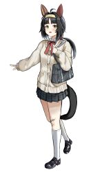  1boy 1girl absurdres ahoge animal_ears bag bandaid bandaid_on_knee bandaid_on_leg black_hair black_shoes black_skirt blush bow breasts brown_eyes brown_hairband brown_headband cardigan collared_shirt ear_covers hair_ornament hairband hairclip headband heogol highres horse_ears horse_girl horse_tail logotype_(umamusume) long_hair long_sleeves mismatched_ear_covers open_mouth pleated_skirt red_bow school_bag school_uniform shirt shoes skirt socks solo tail umamusume white_cardigan white_socks 