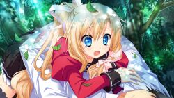 1boy 1girl akashi_kokoro arms_around_another's_waist black_sailor_collar black_skirt blonde_hair blue_eyes day dress_shirt faceless faceless_male falling_leaves forest frilled_skirt frills game_asset grass grey_thighhighs hair_ribbon half_updo hands_on_another's_chest juliet_sleeves leaf long_hair long_sleeves looking_at_another lying lying_on_person minase_lin miniskirt nature necktie non-web_source on_back open_mouth orange_memories outdoors pink_ribbon pleated_skirt puffy_sleeves red_necktie red_shirt ribbon ribbon_trim sailor_collar school_uniform self-datamine shirt side_ponytail skirt sleeve_cuffs teardrop thigh-highs tree tress_ribbon wavy_hair white_shirt wide-eyed 