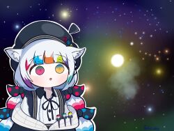  1girl :o animal_ear_fluff animal_ears beret bow cat_ears colored_tips commentary_request fal_doto gradient_eyes hat heterochromia highres jogasaki_noah mahou_shoujo_no_majo_saiban meme multi-tied_hair multicolored_eyes multicolored_hair paintbrush pink_eyes polka_dot polka_dot_bow ribbon solo space space_cat_(meme) streaked_hair twintails white_hair yellow_eyes 