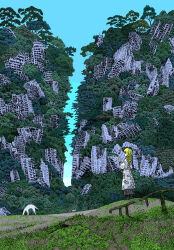  1girl absurdres bird blonde_hair blue_sky building commentary_request day dress field from_side hand_up highres long_hair nigirizusi1 original outdoors overgrown patch post-apocalypse ruins scenery sky skyscraper solo standing traditional_media tree white_dress wide_shot 