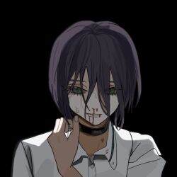  1girl black_background black_choker blood blood_from_mouth blood_on_body blood_on_clothes chainsaw_man choker collared_shirt commentary_request green_eyes grenade_pin hair_between_eyes hand_up long_bangs long_hair_between_eyes meme nosebleed pale_skin purple_hair reze_(chainsaw_man) shirt simple_background solo twins_at_the_carousel_(meme) usako2201min variant_set white_shirt 