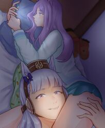  2girls animal_ears between_thighs blunt_bangs cardigan carrot_print cellphone commentary english_commentary food_print gold_ship_(umamusume) grabbing_another's_thighs green_cardigan green_shorts grey_hair hat highres holding holding_phone horse_ears i'm_this_clingy_(meme) long_hair looking_at_phone mejiro_mcqueen_(umamusume) meme multiple_girls phone pillow pink_eyes purple_hair r4tarttack shorts smartphone stuffed_animal stuffed_horse stuffed_toy umamusume yuri 