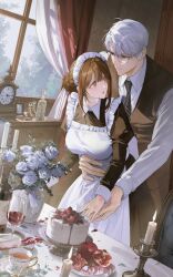  1boy 1girl absurdres alcohol analog_clock apron bab_du_666 black-framed_eyewear black_dress black_vest blueberry bottle brown_hair bruise bruise_on_hand cake candle candlestand clock closed_mouth collared_shirt cup curtained_hair curtains drawer dress drink drinking_glass flower food frilled_apron frills front-to-back fruit glasses grey_hair hair_between_eyes hair_bun hair_intakes hand_on_another's_stomach hetero highres indoors injury juliet_sleeves long_sleeves looking_at_another maid maid_headdress orange_eyes original parted_bangs parted_lips plate pomegranate puffy_sleeves rose saucer shirt sidelocks single_hair_bun spill standing strawberry sweatdrop table tea teacup vase vest violet_eyes white_apron white_flower white_rose white_shirt window wine wine_bottle wine_glass 